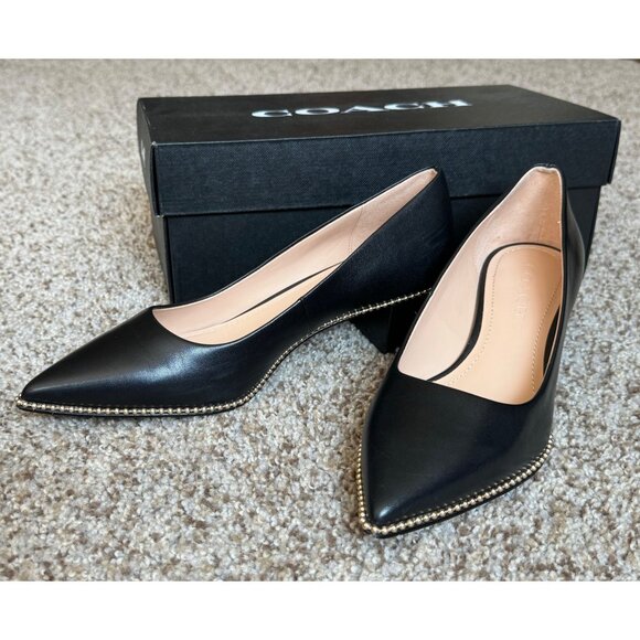 Coach Black Leather Studded Chunky Heels - Size 7 - Picture 2 of 11